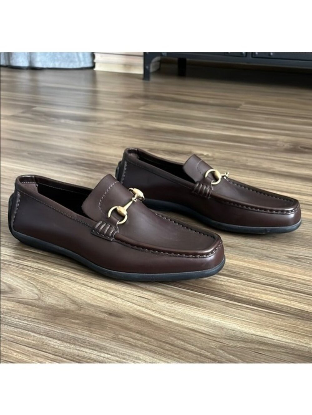 GUCCI Brown Leather Horsebit Driving Loafers Men's Back Heel Logo Rubber Sole